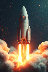 Obraz premium Abstract 3d wallpaper with futuristic space rocket on background with clouds of smoke. Creative banner of innovation, startup, project launching