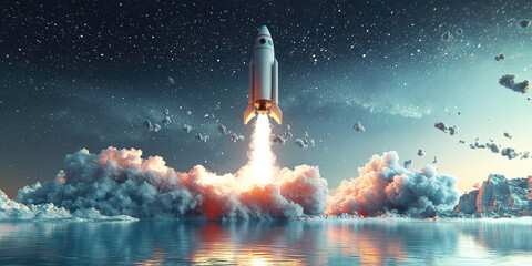 Fototapeta premium Abstract 3d wallpaper with futuristic space rocket on background with clouds of smoke. Creative banner of innovation, startup, project launching