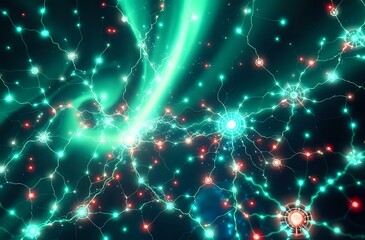 Vibrant Night Cityscape with Bioluminescent Lights - Blue & Green Hues