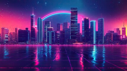 Neon Cityscape Underneath A Vibrant Rainbow At Night