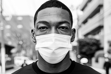 African adult male wearing face mask in urban street setting