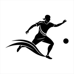 black vector of soccer player silhouette in dynamic movement, minimalist logo style 