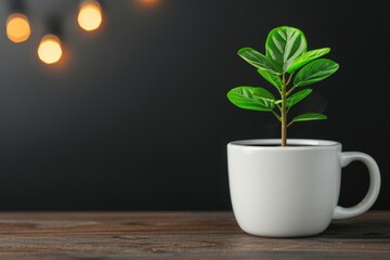 Fototapeta premium Vibrant green plant growing in white mug on wooden table