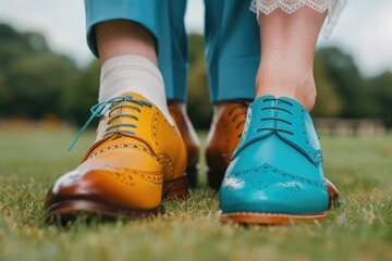 Colorful brogue shoes on grass worn by caucasian adults in playful harmony