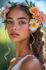 Close-up portrait of a young beautiful hippie woman smiling and wearing a wreath of delicate flowers, daydreaming or meditating.