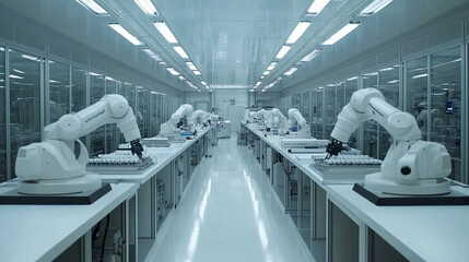 Workers in a modern industrial facility hold up cardboard signs in protest. The scene captures an organized labor demonstration with machinery and robotic arms in the background