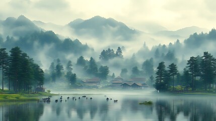 Serene Lakeside Village nestled in misty mountain forests