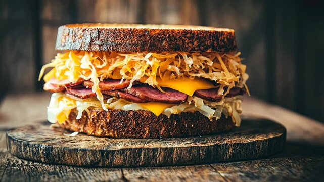 Savory layered sandwich with corned beef, cheddar, and sauerkraut on rustic bread served on a wooden cutting board