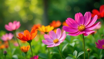 Obraz premium Large cosmos flowers blooming in a lush green garden bed, bed, plants