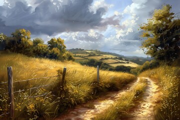 A serene landscape showcasing rolling hills, a winding dirt path, and a vibrant sky filled with dramatic clouds.