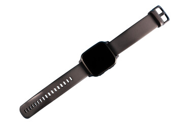 Smartwatch with a square face and a grey strap. The watch face is black and appears to be turned off. The strap has a textured pattern and multiple adjustment holes for fitting different wrist sizes.