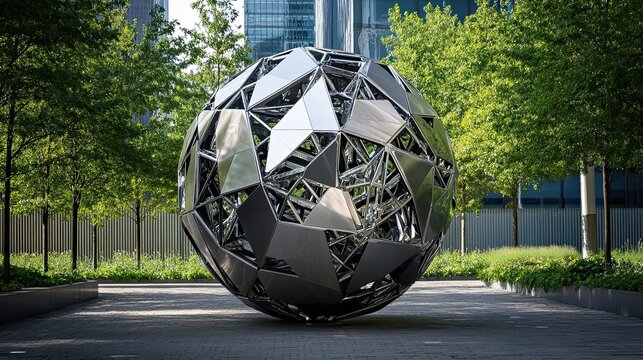 Geometric Metal Sphere Sculpture in Urban Park Setting - Powered by Adobe