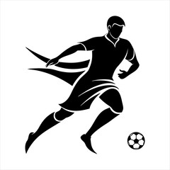 black vector of soccer player silhouette in dynamic movement, minimalist logo style