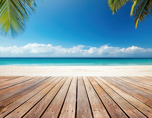 A wooden deck  overlooks a pristine tropical beach with turquoise waters and palm fronds visible in the corner against a bright blue sky.
