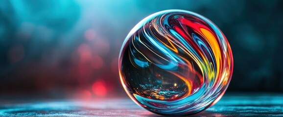 Colorful abstract glass sphere on dark background.