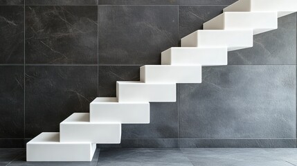 Modern white staircase against a dark gray tiled wall.
