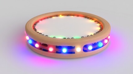 Illuminated wooden circular display stand with RGB LED lights.