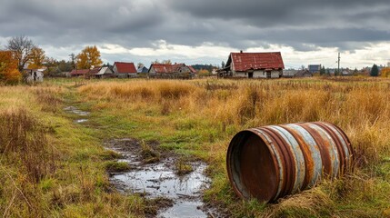 Obraz premium Abandoned Barrels in a Rural Landscape