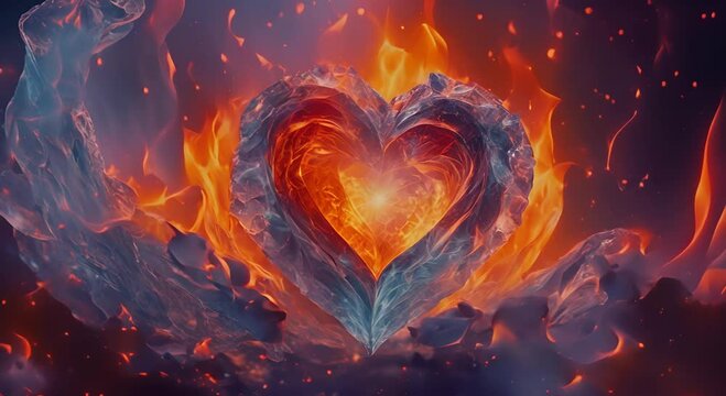 A heart made of ice and fire symbolizing intense passion and contrast set against a dramatic colorful background 4K