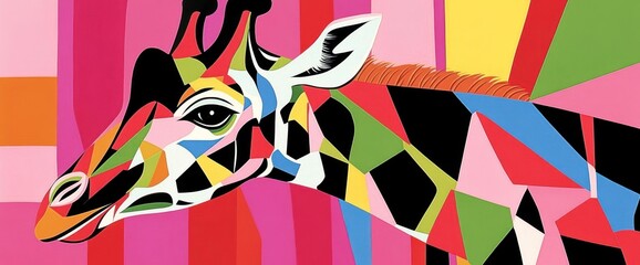 Obraz premium Colorful geometric giraffe portrait against vibrant background.