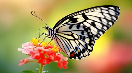 Naklejka premium Close-up of a black and white butterfly feeding on a vibrant red and yellow flower.