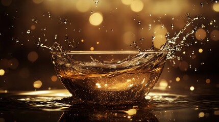 Golden liquid splashing in a glass bowl against a bokeh background.