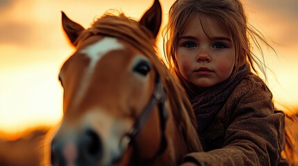 Fototapeta premium At sunset, a young girl sits with a brown horse, a thoughtful expression on her face, capturing the deep bond between humans and animals in peaceful countryside setting.