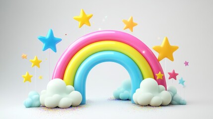 Colorful rainbow arch with stars and clouds on white background.