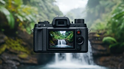 A camera captures a stunning view of a waterfall surrounded by lush greenery, showcasing nature's beauty through the lens.