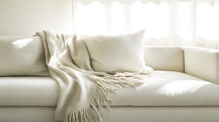 Cozy beige throw draped on white sofa near window.
