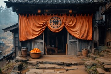 Traditional doorway adorned with red banners and oranges in a rustic village setting