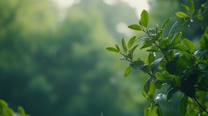 Obraz premium Rain drops on green leaves, blurred background.