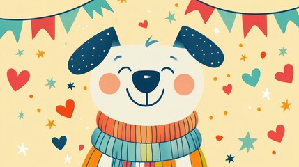 Fototapeta premium Happy dog wearing a colorful scarf surrounded by hearts and stars.
