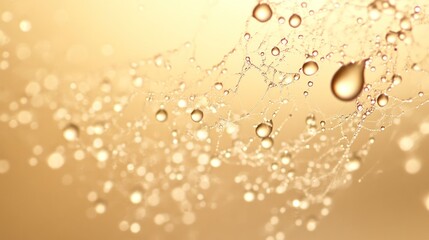 Dewdrops on a spiderweb against a golden bokeh background.
