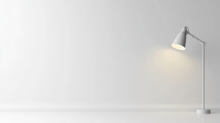 Minimalist white room interior with a single illuminated desk lamp.
