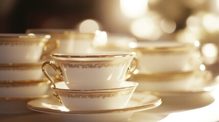 Elegant gold-rimmed teacups and saucers stacked on a table, soft lighting.