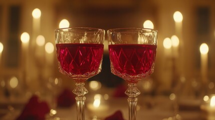 Two glasses of red wine on a candlelit table.