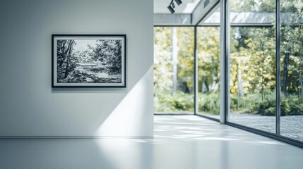 Fototapeta premium Modern gallery interior with black and white landscape photograph on wall, sunlight streaming through large glass windows overlooking lush green garden.
