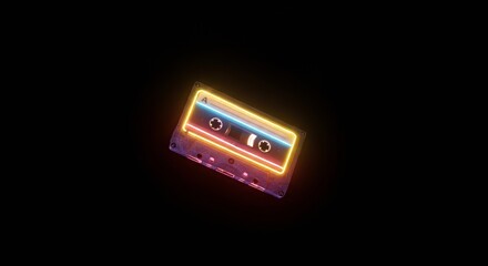 Neon glowing cassette tape on black background: retro music concept