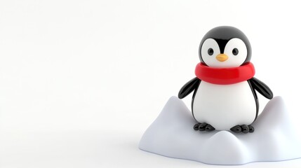 Fototapeta premium Cute cartoon penguin wearing a red scarf perched on a small snowdrift against a white background.