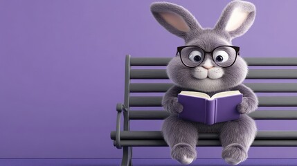 Obraz premium Cute cartoon bunny rabbit wearing glasses sits on a park bench reading a book.