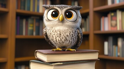 Cute cartoon owl perched on books in a library.
