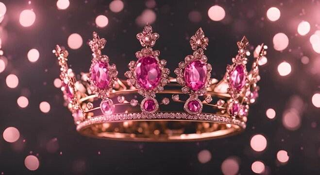A beautiful pink crown sparkling with jewels on a dark bokeh light background 4K