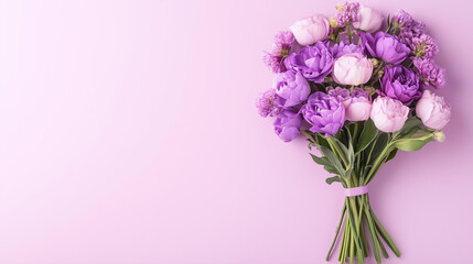 Beautiful bouquet of pink and purple flowers on a pastel pink background with empty space, perfect for a greeting card or backdrop for Mother's Day, birthdays, or International Women's Day