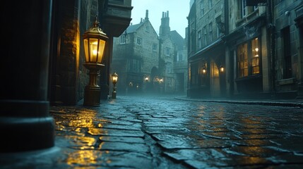 Obraz premium Misty cobblestone street with antique gas lamps at night.