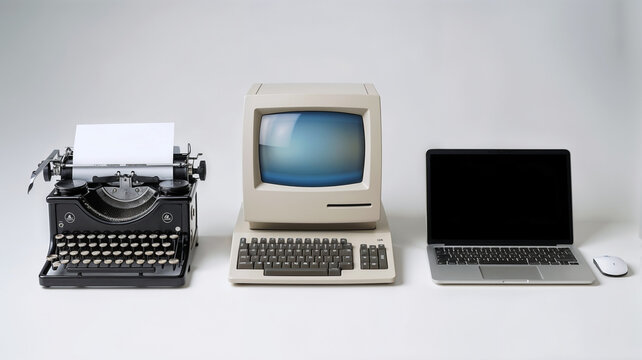 A visually compelling representation of the evolution of technology, showcasing a vintage typewriter, an early personal computer, and a modern laptop with a mouse