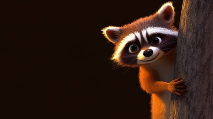 Obraz premium Cute cartoon raccoon peeking from behind a tree trunk at sunset.