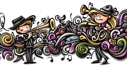 Cartoon musicians playing trumpet and trombone amidst colorful swirls and musical notes.