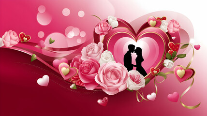 Valentine's Day background with roses, hearts, and ribbons. Lovely and elegant atmosphere in pink tones. Write letters in the space and use it as letter paper or card.