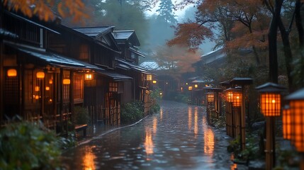 Naklejka premium Rain drenched lane with glowing lanterns illuminates traditional Japanese houses
